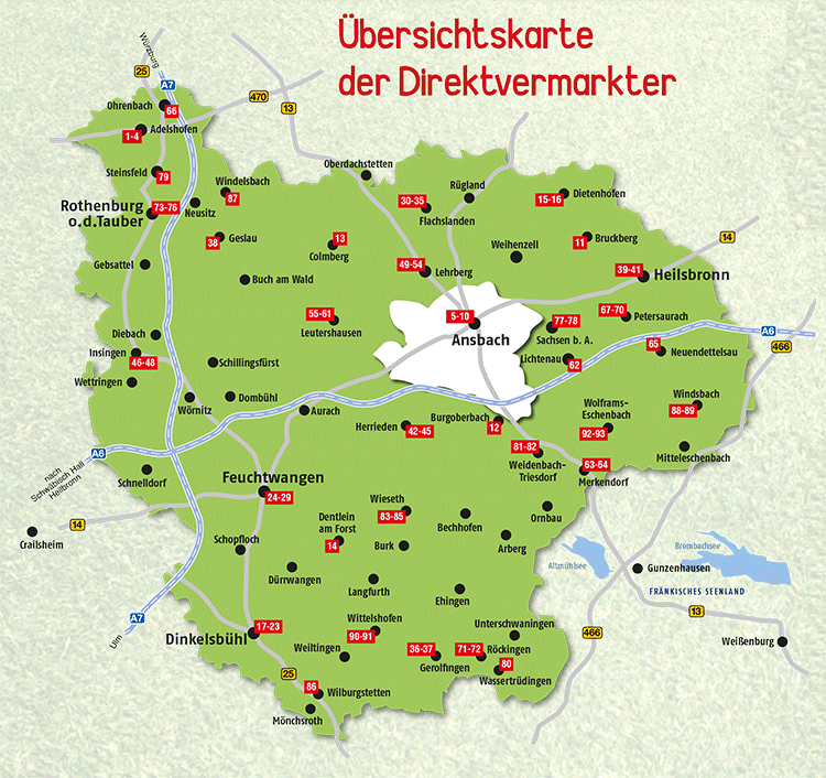 Karte mit Adressen der Direktvermarkter im Landkreis Ansbach